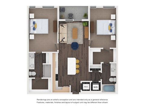 Floor plan for 2 beds, 2 baths, 1075 sqft